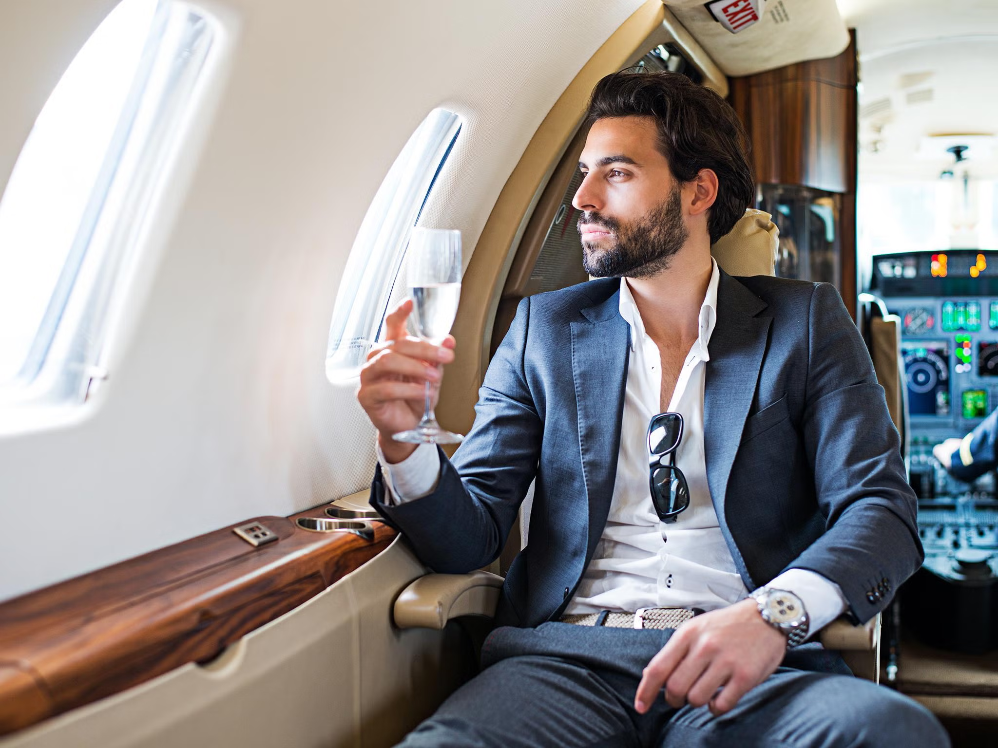 Client inside a private jet cabin