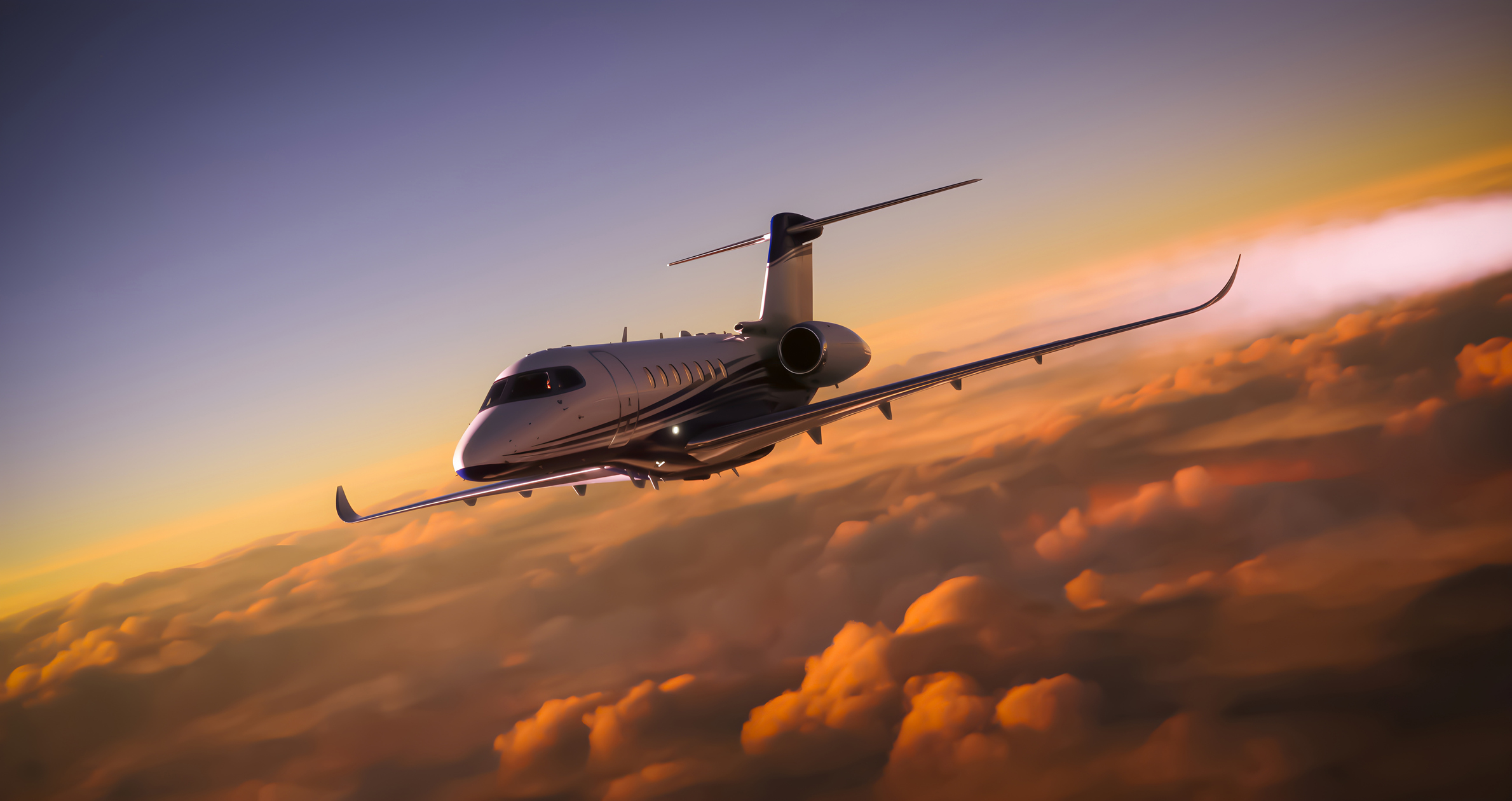 Private jet in flight at sunset