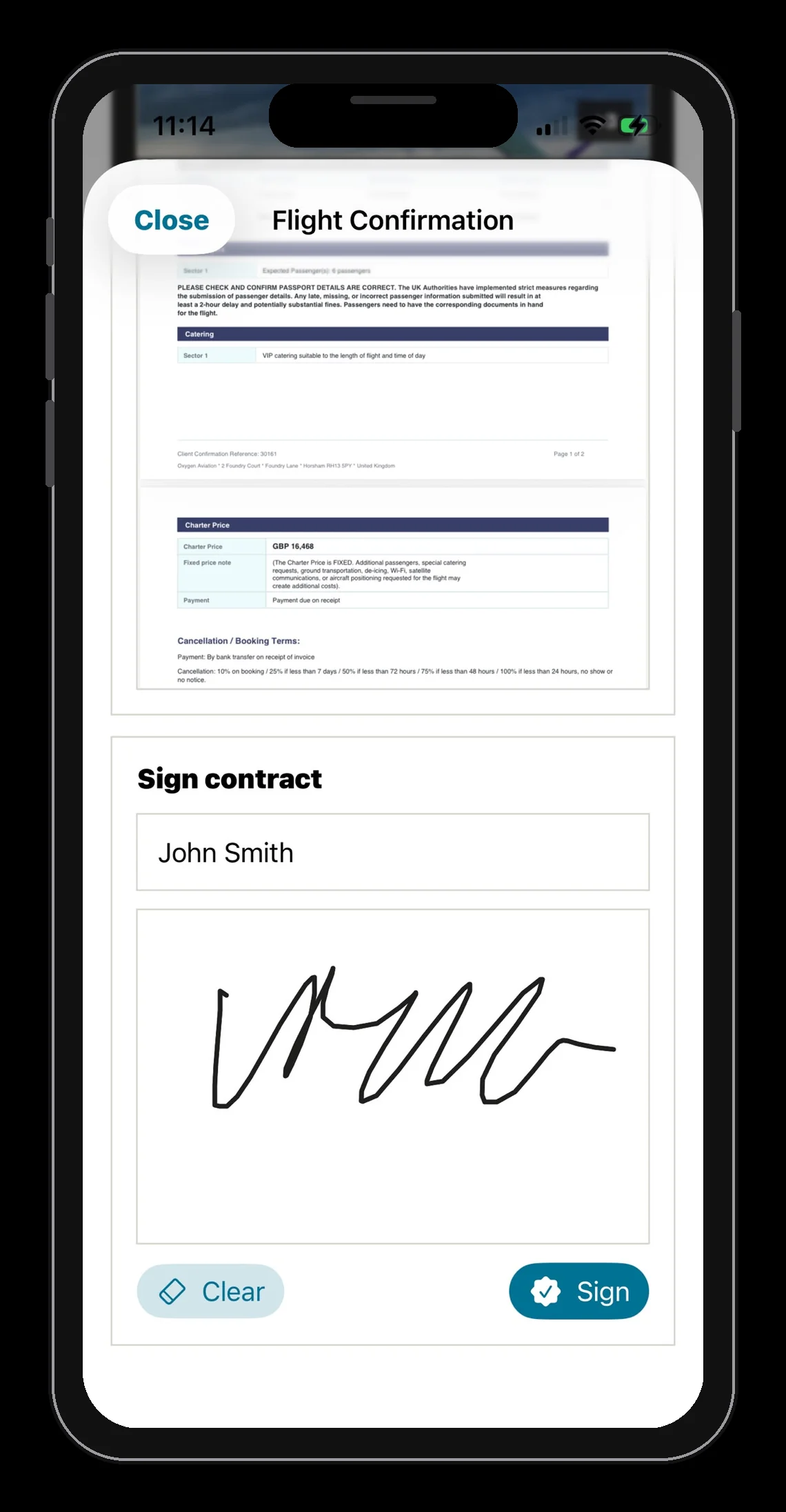 Oxygen app flight confirmation and digital signature screen