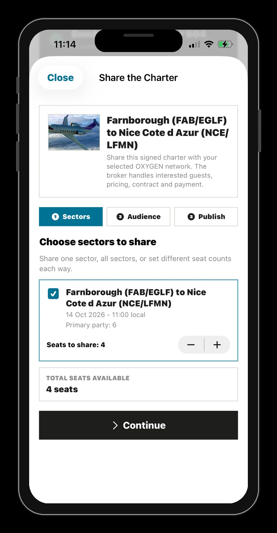 Oxygen app Jet Share charter setup screen